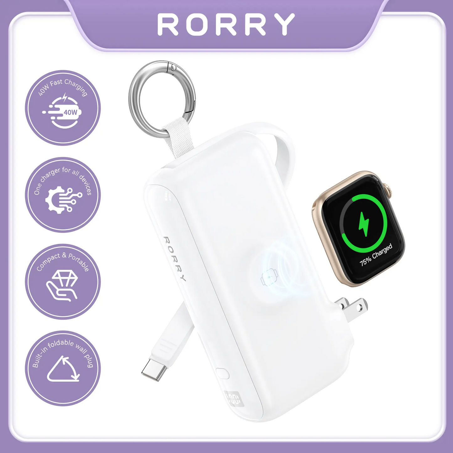 RORRY Flow 3-in-1 Portable Charger 10,000mAh | 40W Fast Charging Power Bank with Built-in USB-C Cable for iPhone 17/16/15, Apple Watch & iPad