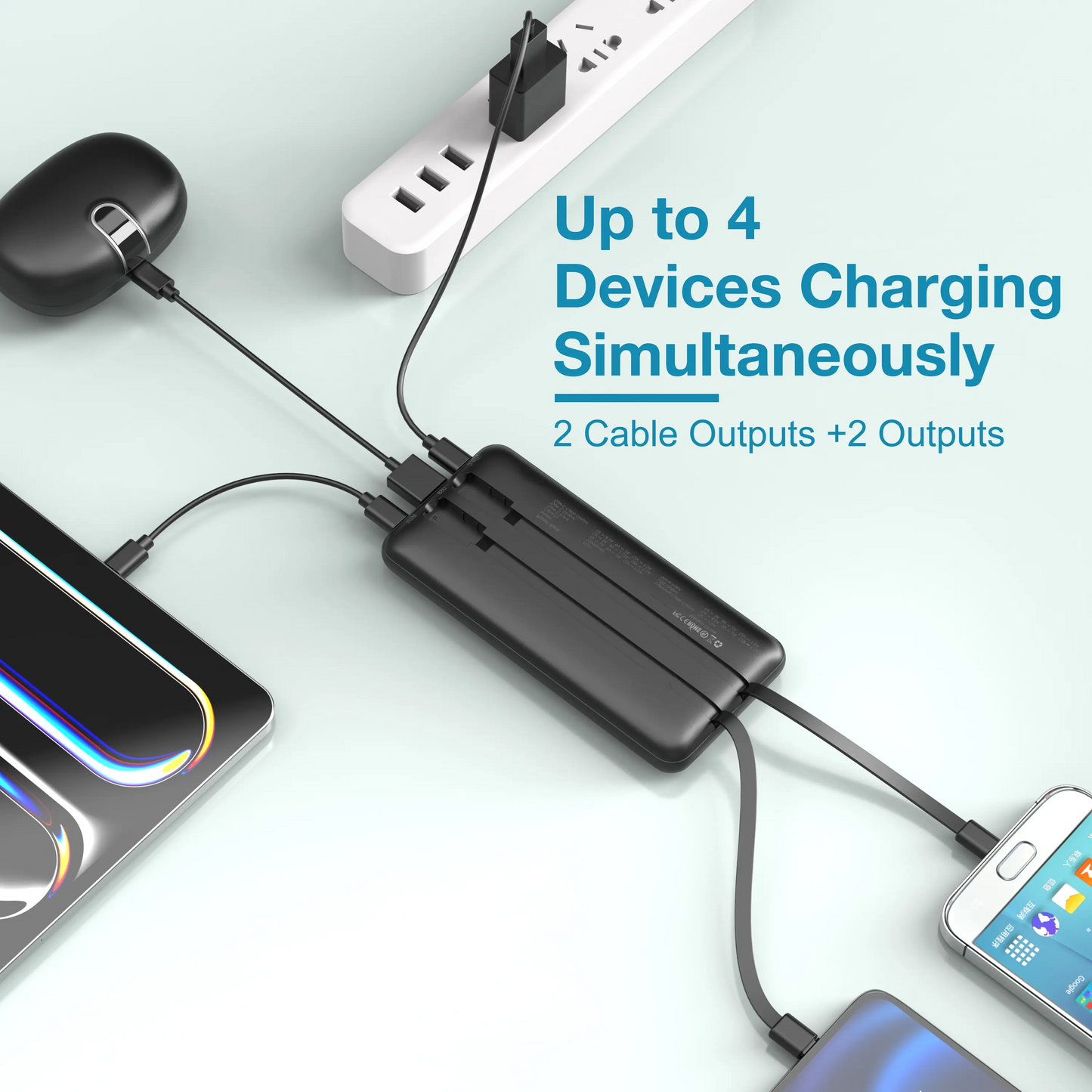 10000mAh Slim Portable Charger | Built-in Lightning & USB-C Cables, 22.5W Fast Charge, 4 Outputs | iPhone & Android