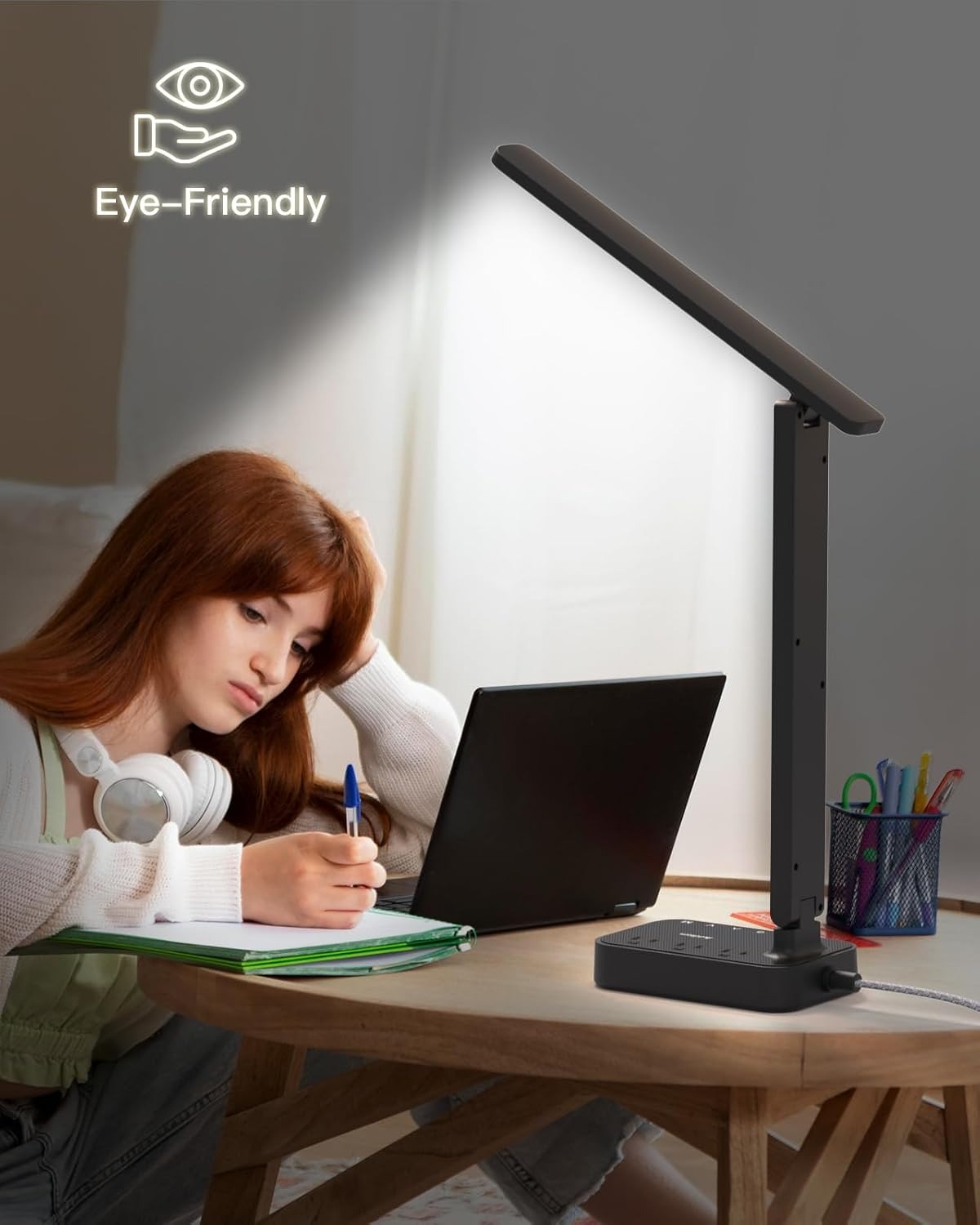 LED Desk Lamp with Power Strip – 3 Outlets, 4 USB Ports, 4 Modes, Touch Dimming