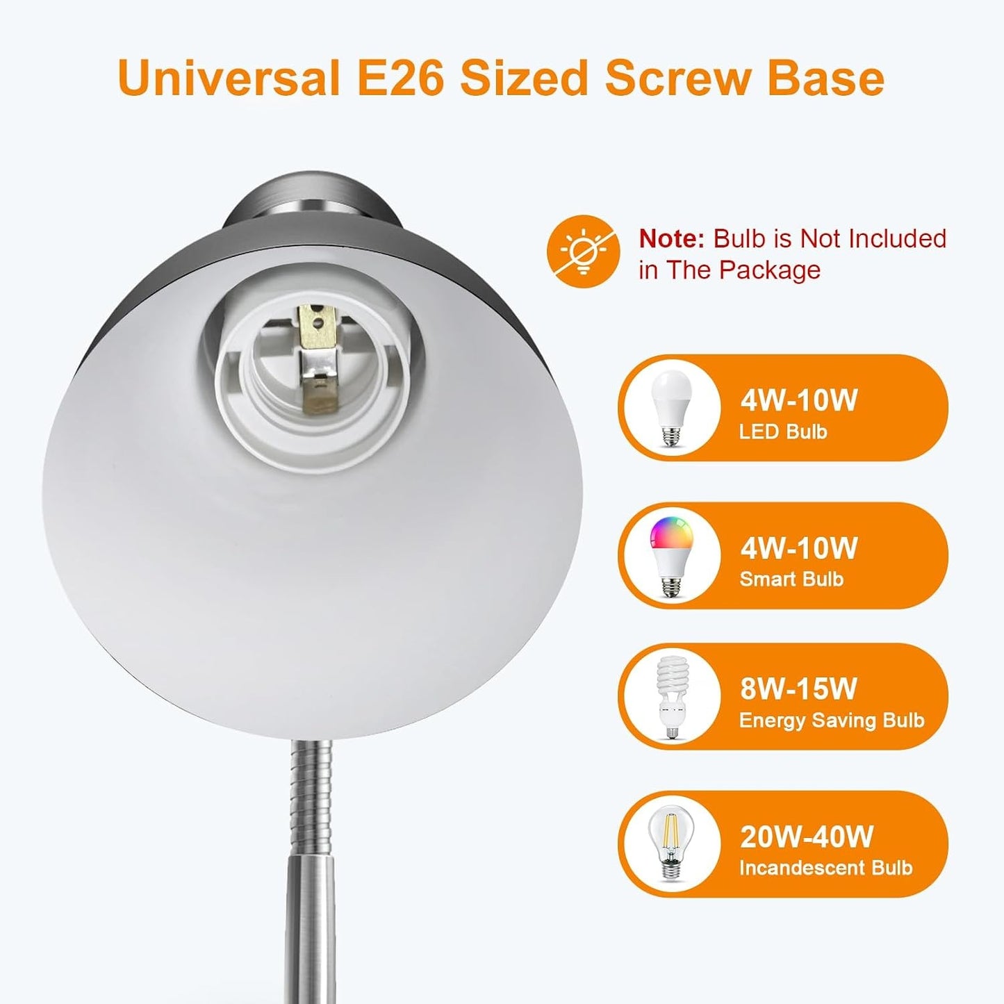 LEPOWER Metal Desk Lamp – Adjustable Gooseneck, E26 Base, Eye-Care Reading Light for Bedroom & Office