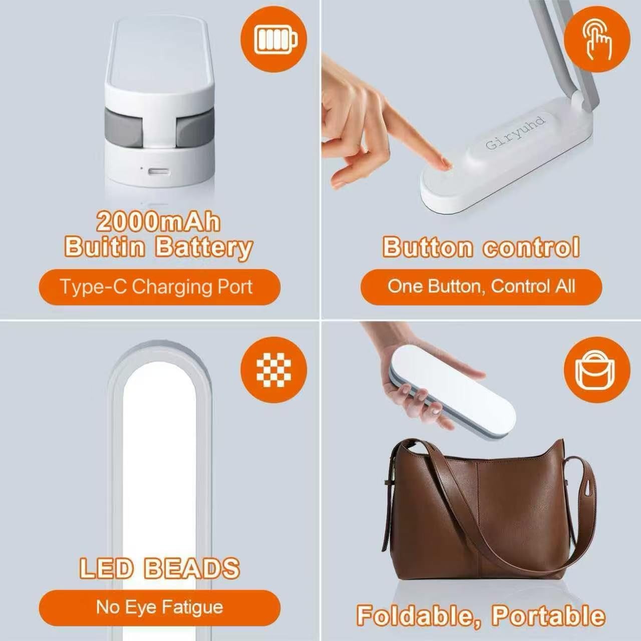 LED Desk Lamp – Rechargeable, Foldable & Portable, 3 Brightness Levels, Wireless Reading Light