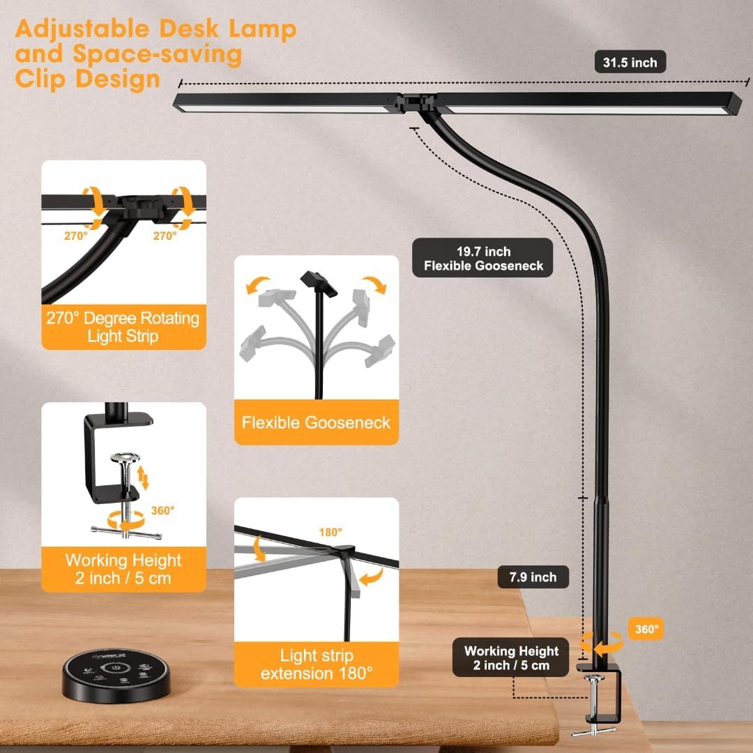 LED Architect Desk Lamp – 24W, 5 Color Modes, Clamp, Dual Screen Light for Office & Study
