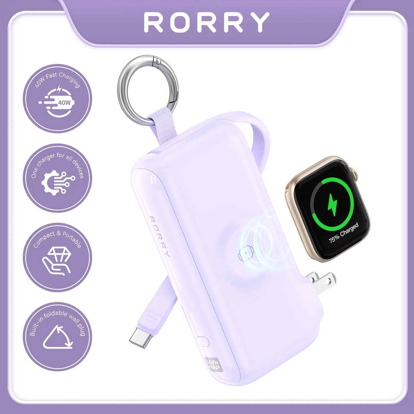 RORRY Flow 3-in-1 Portable Charger 10,000mAh | 40W Fast Charging Power Bank with Built-in USB-C Cable for iPhone 17/16/15, Apple Watch & iPad