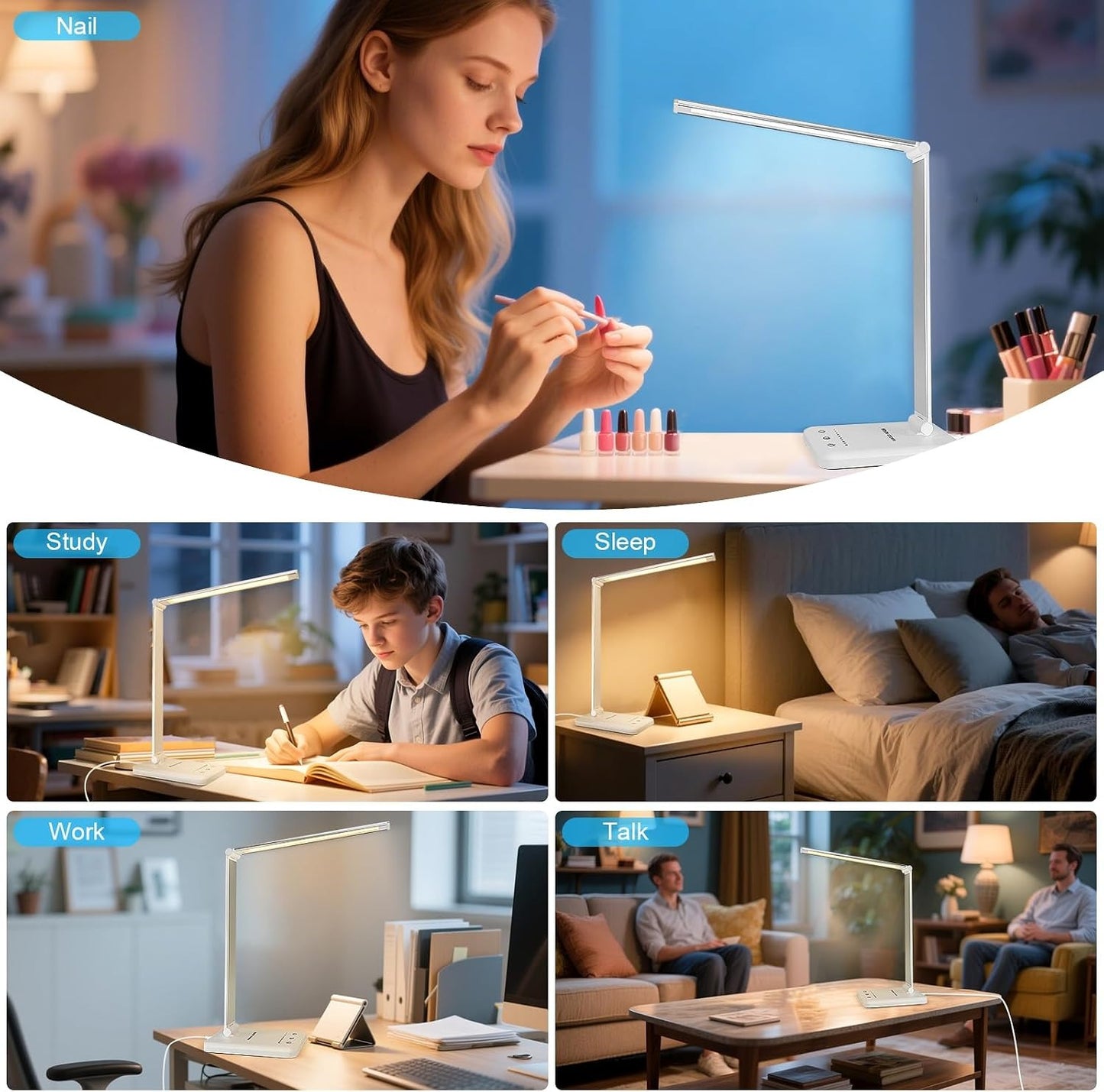 White Crown LED Desk Lamp – Dimmable, USB Charging, 5 Modes, 30/60 Min Timer, Touch Control