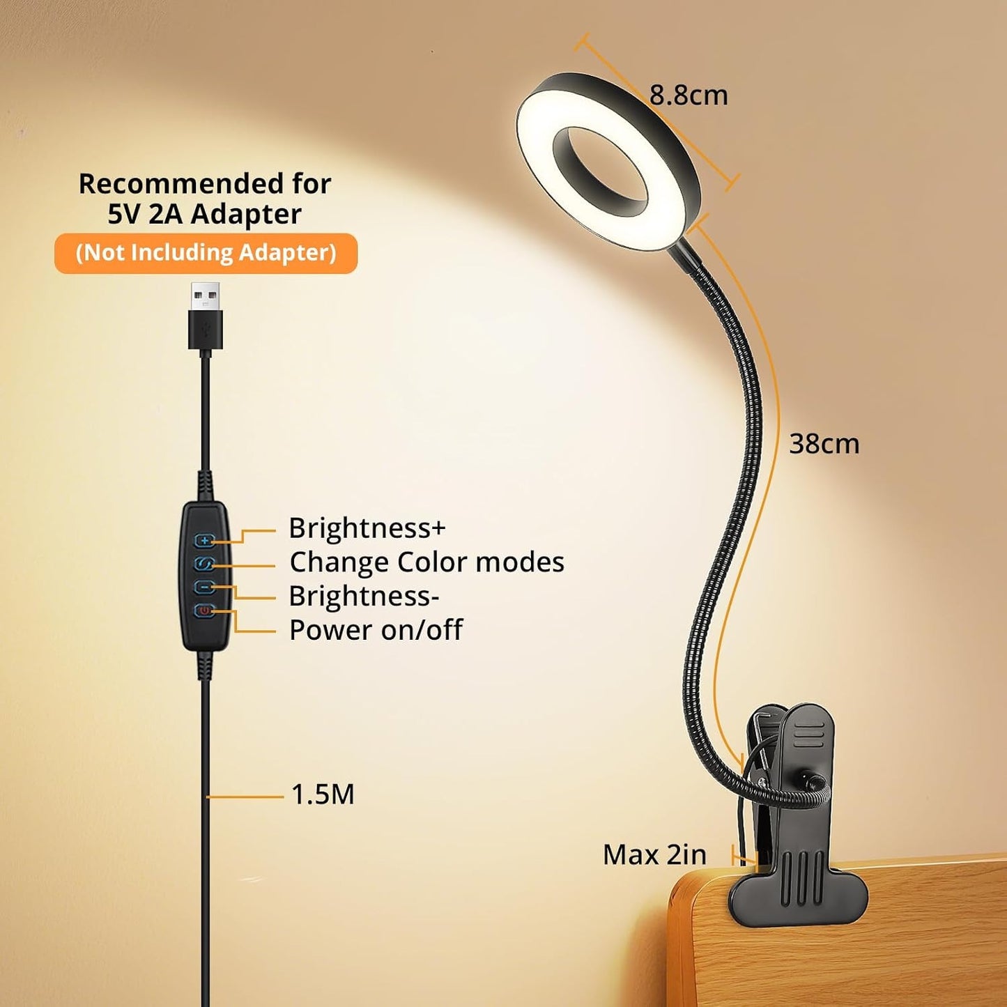 Woputne Clip-On Desk Lamp – 10 Brightness Levels, 3 Modes, Clamp Bedside Light for Reading & Study