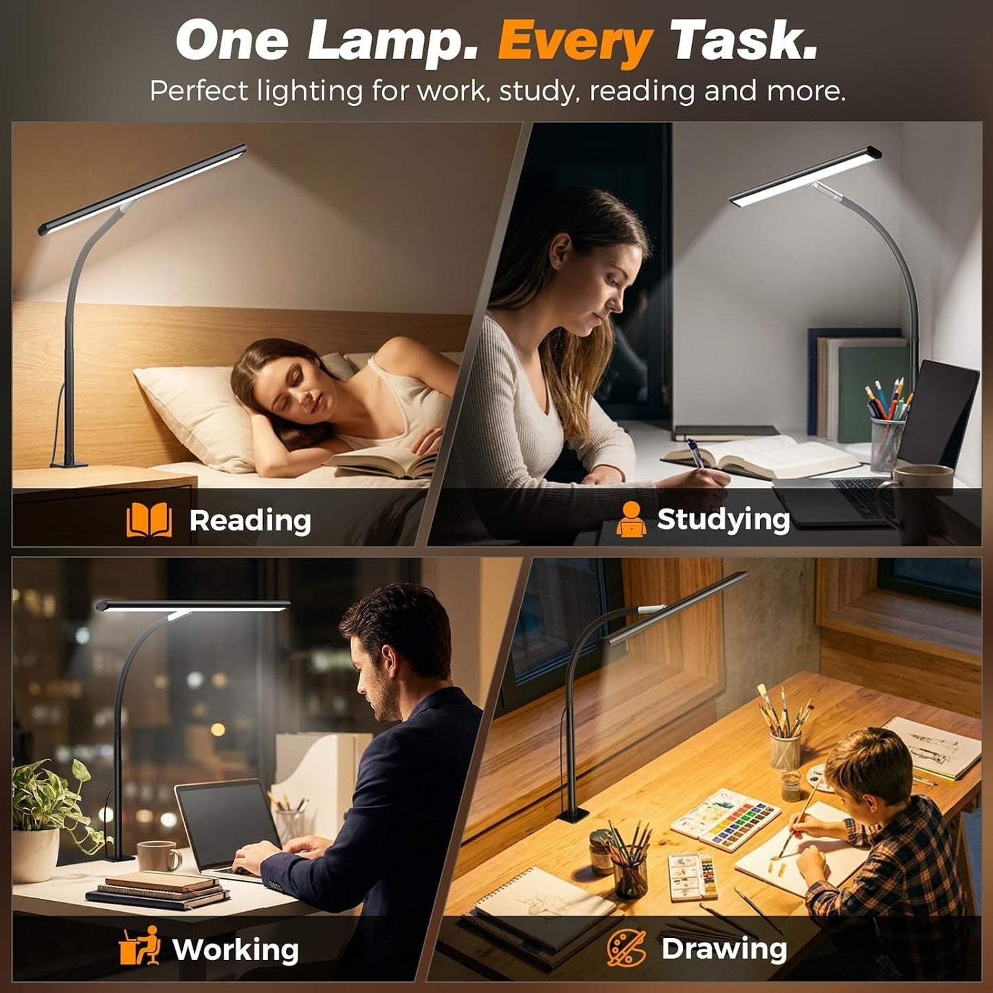 LED Desk Lamp with Clamp – 17" Dimmable, 2700K-6500K, 360° Gooseneck, Flicker-Free