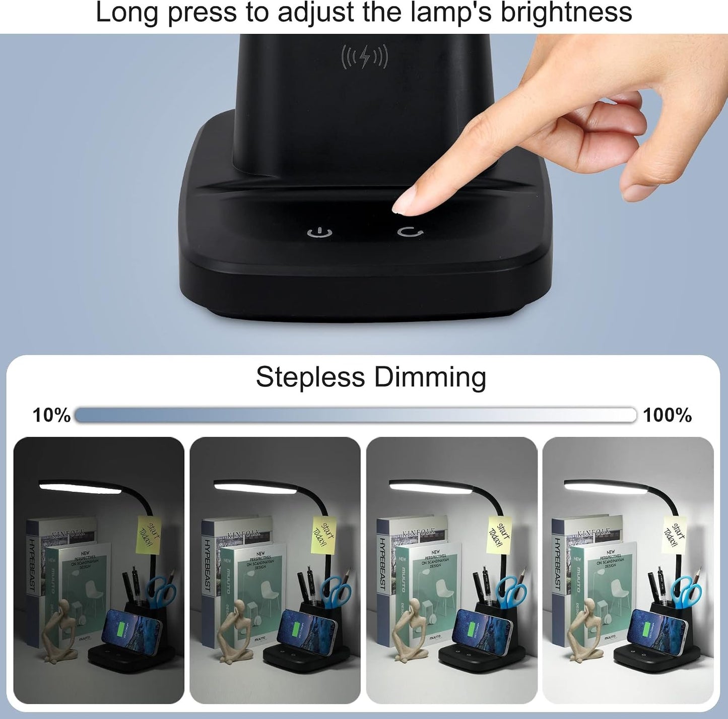 LED Desk Lamp with 10W Wireless Charging & Pen Holder – CRI 95, 800LM, 3 Modes, 360° Arm
