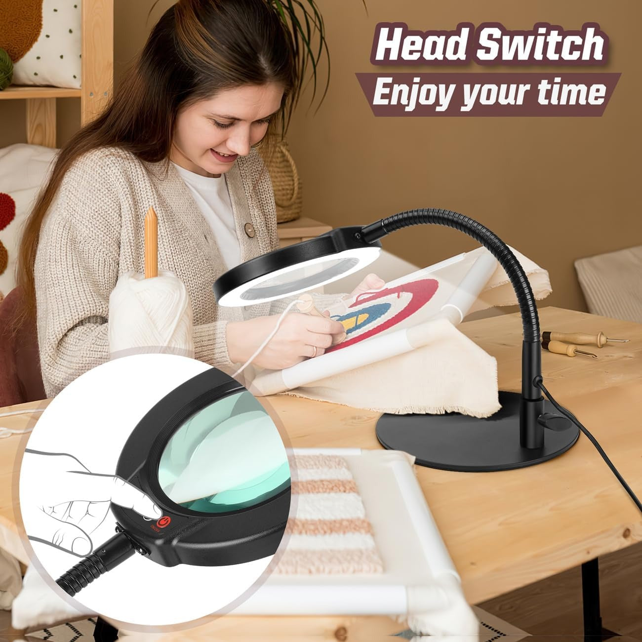 10X Magnifying Glass with Light & Stand – 5 Color Modes, Stepless Dimming, Flexible Gooseneck, Hands-Free