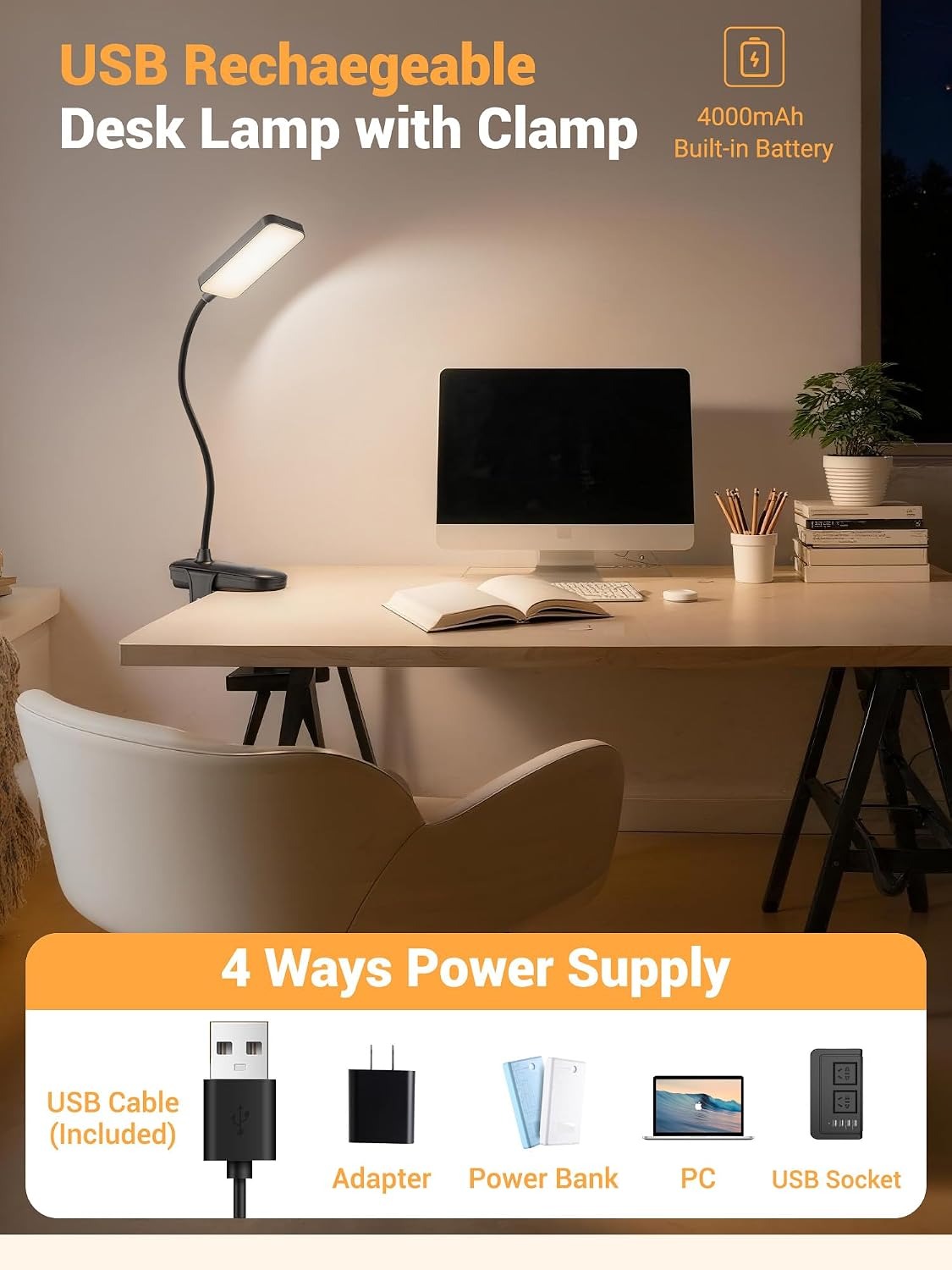 Clip-On Rechargeable Desk Lamp – 4000mAh, 48 LEDs, 9 Brightness, 5 Colors, 450 Lumens, Cordless