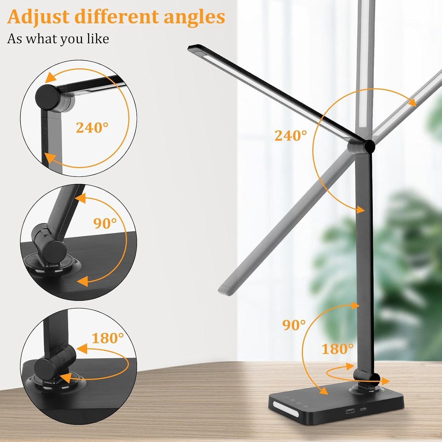 LED Desk Lamp with USB Ports – 5 Modes, 3 Brightness Levels, Touch Control, Night Light