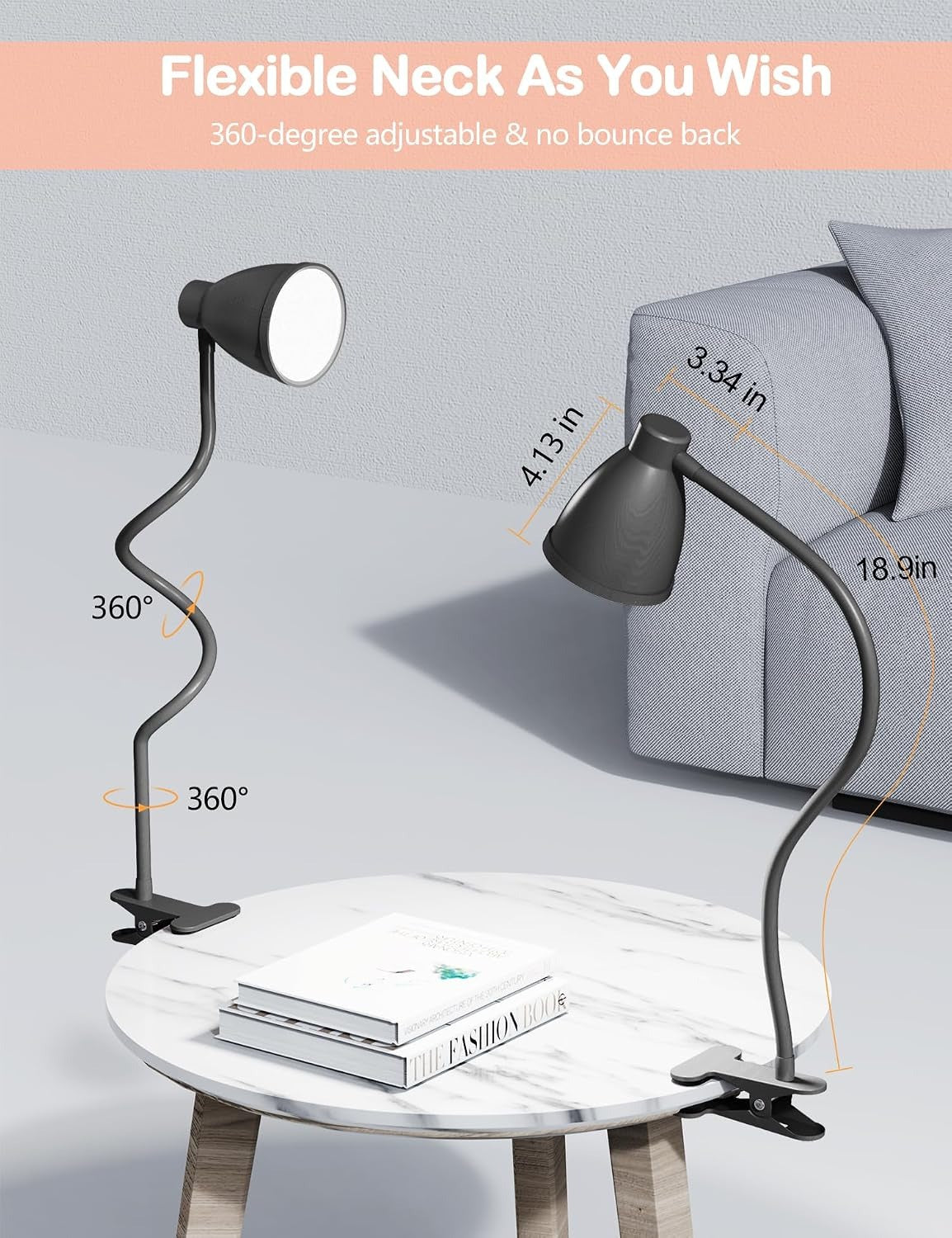 BOHON Clip-On Desk Lamp – 5 Color Modes, 10 Brightness Levels, Auto Timer, 360° Flexible Neck
