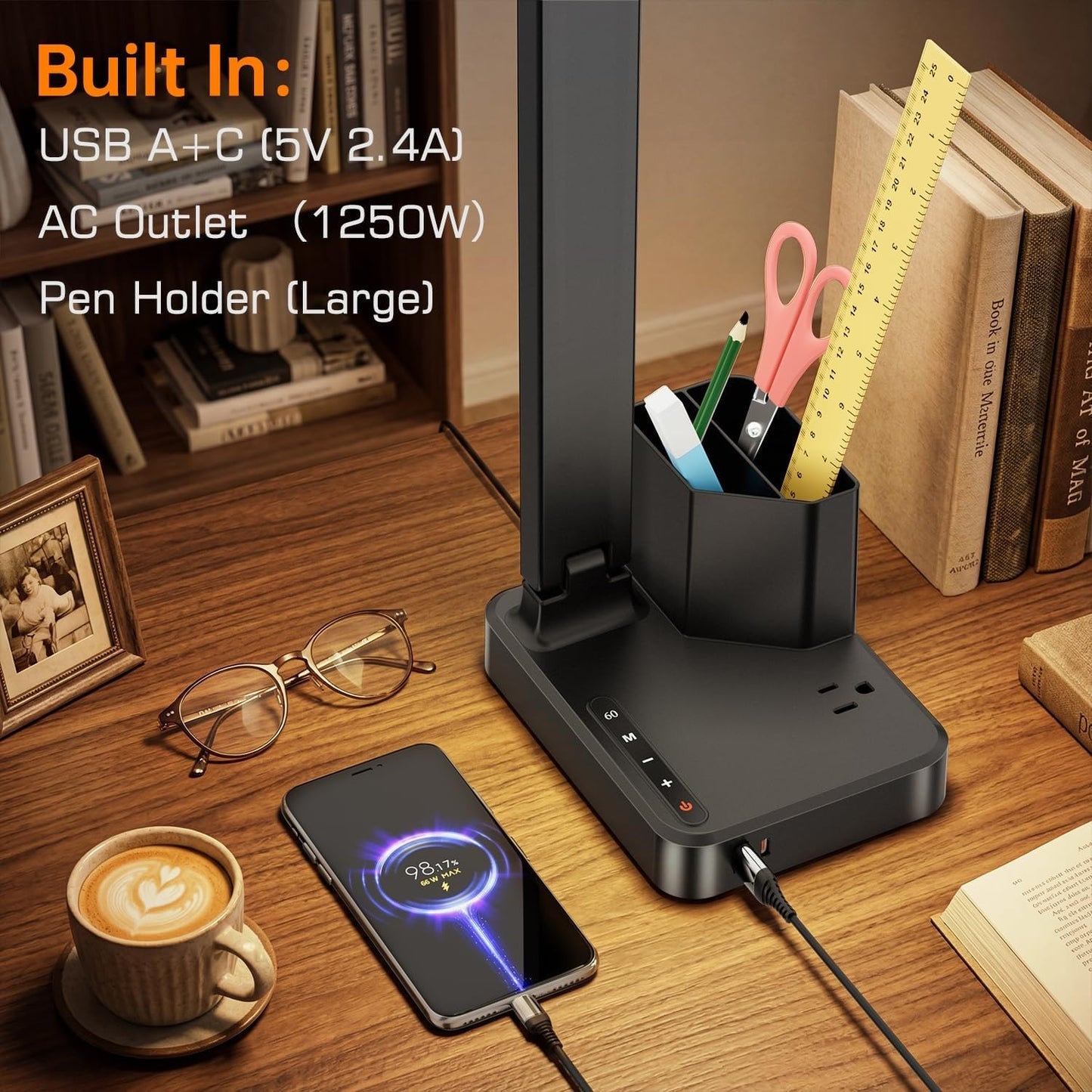 LED Desk Lamp with USB A/C, AC Outlet & Pen Holder – Adjustable, Compact Light for Dorm & Office
