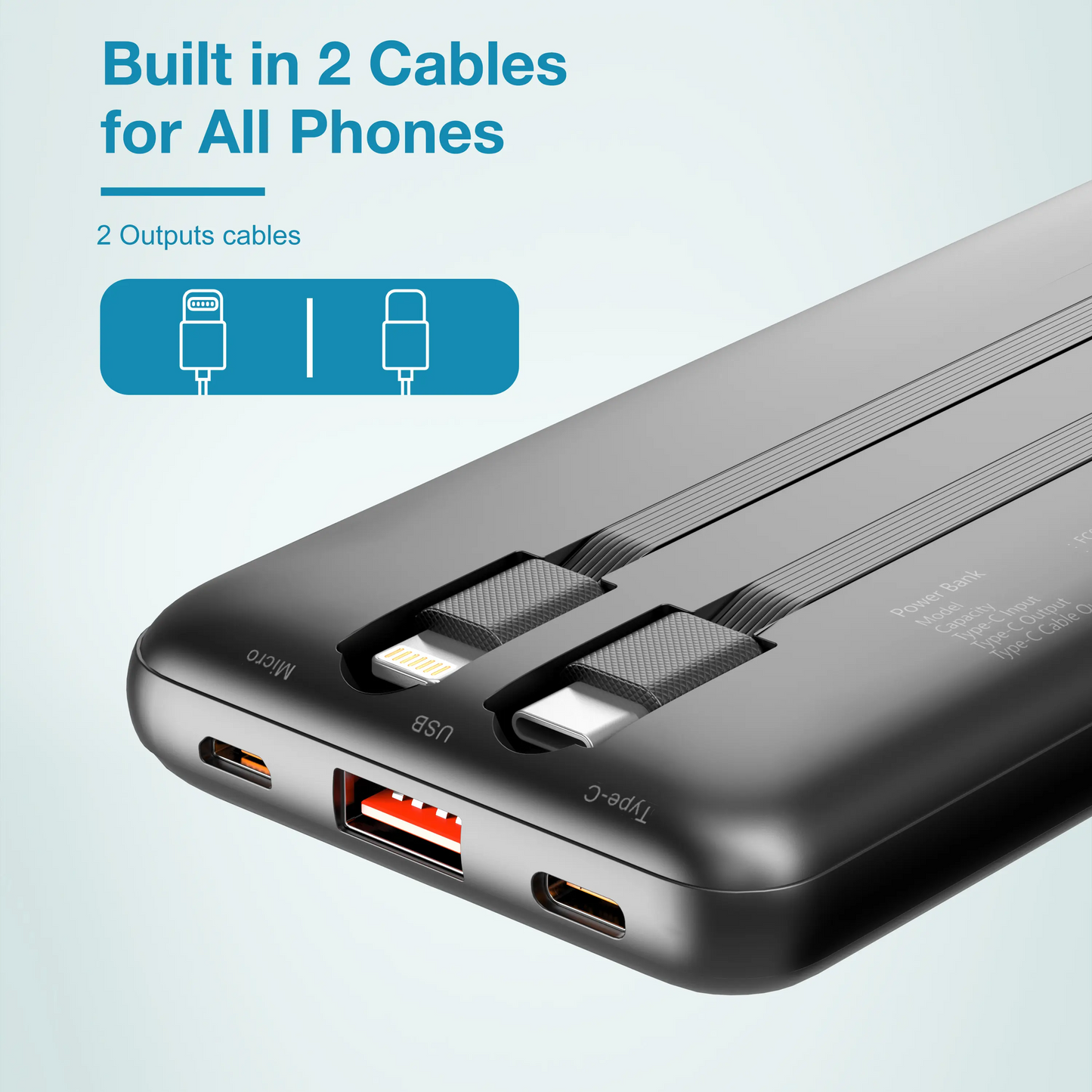 10000mAh Slim Portable Charger | Built-in Lightning & USB-C Cables, 22.5W Fast Charge, 4 Outputs | iPhone & Android