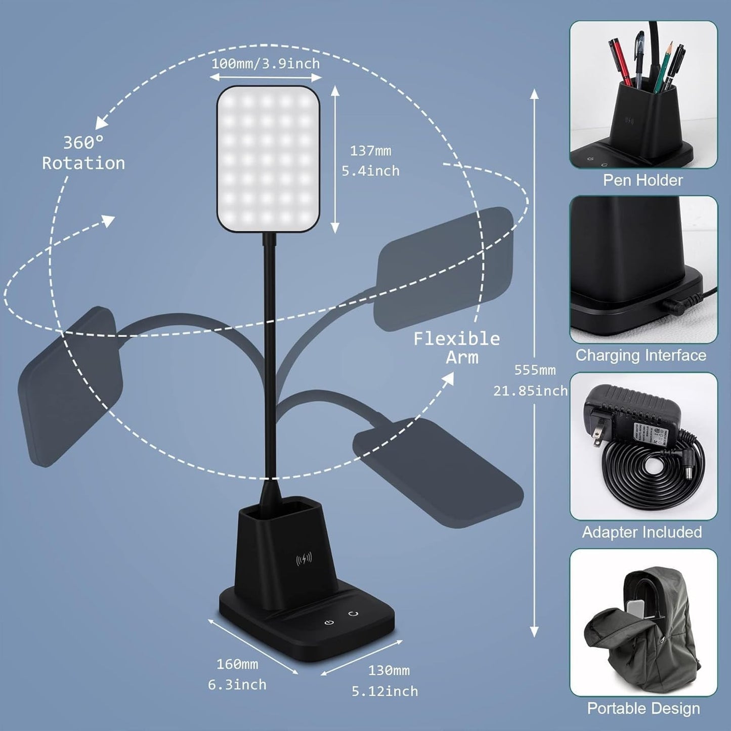 LED Desk Lamp with 10W Wireless Charging & Pen Holder – CRI 95, 800LM, 3 Modes, 360° Arm