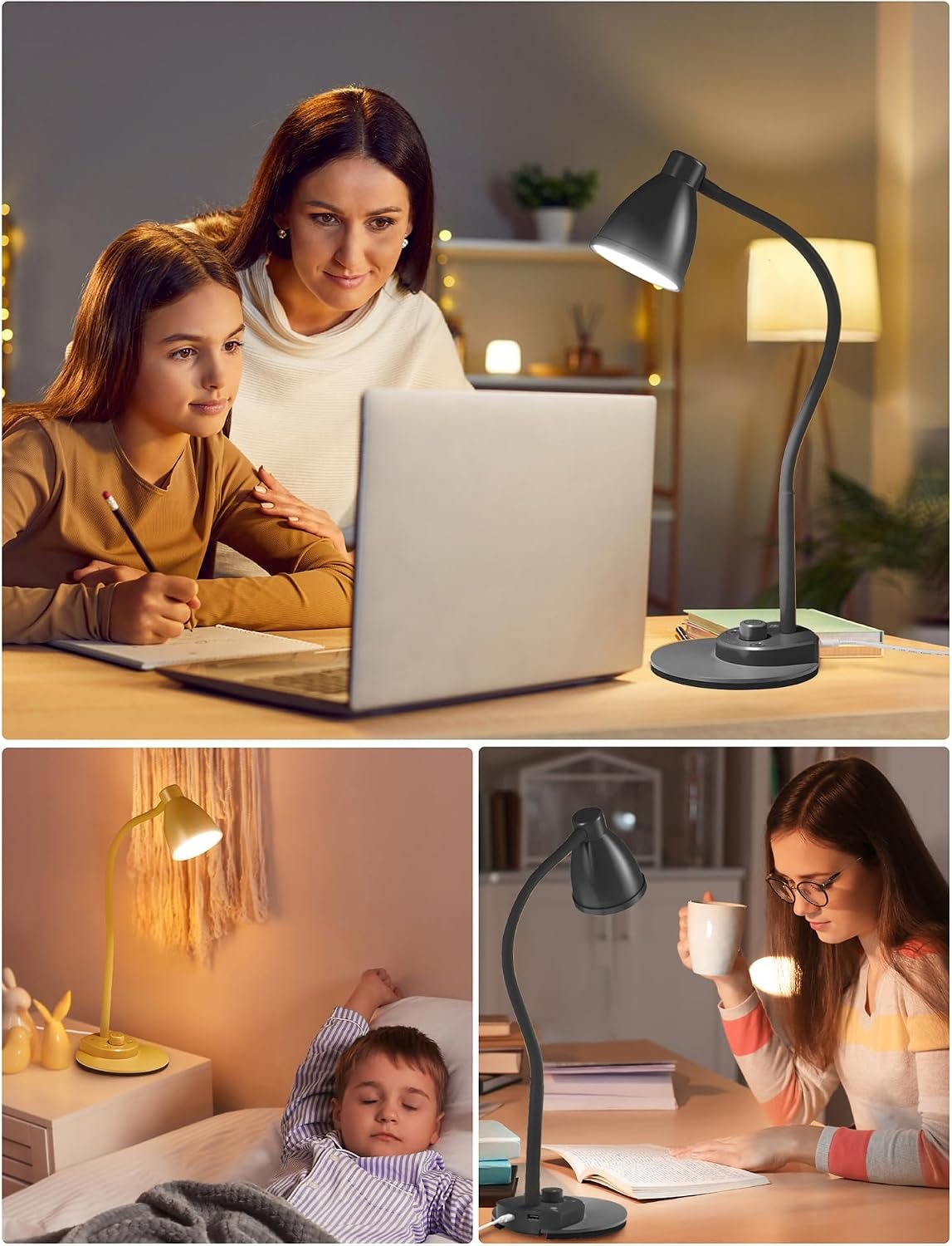 BOHON LED Desk Lamp with USB Charging – 3 Color Modes, Auto Dimming, Flexible Neck, Touch Control