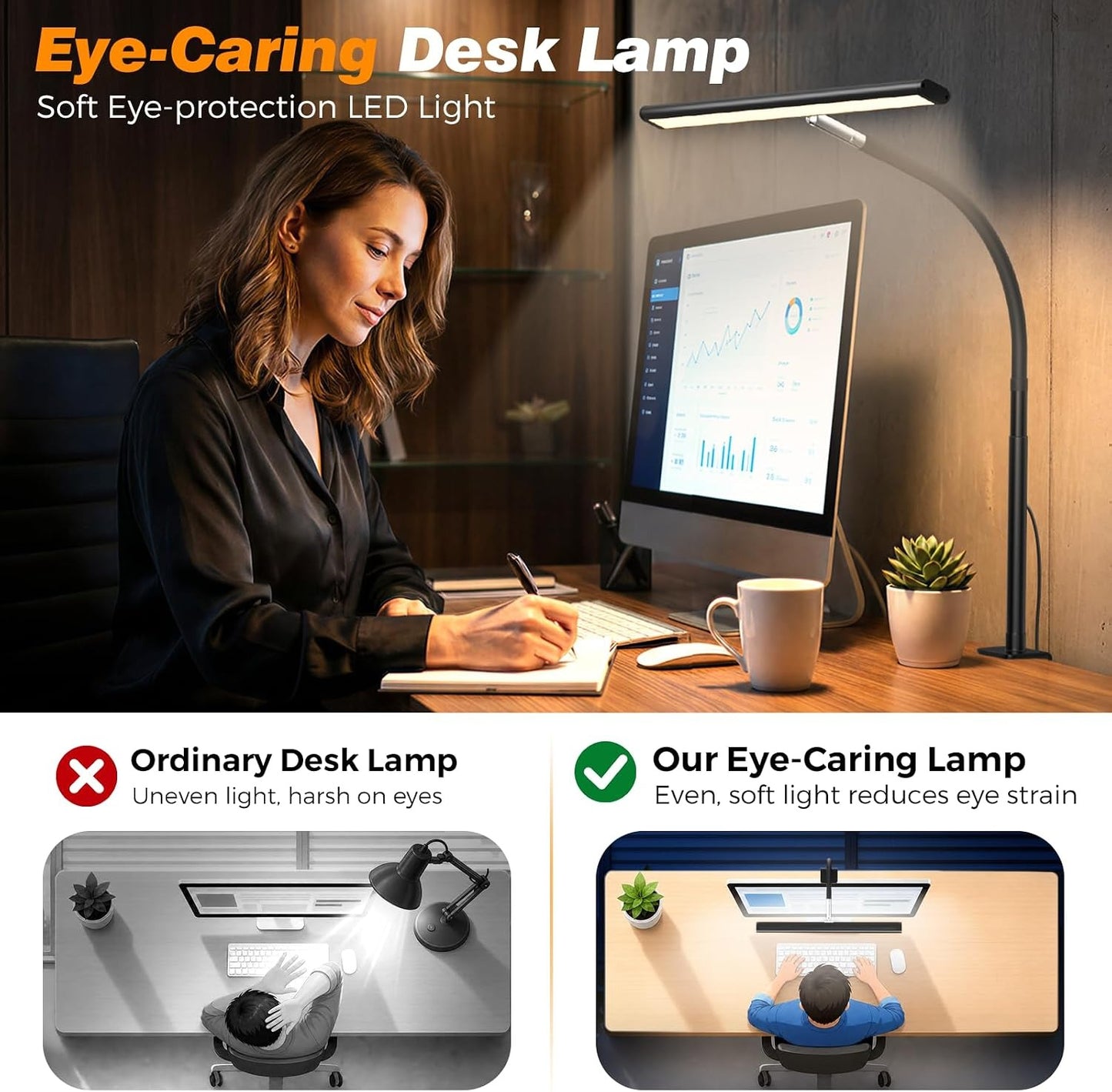 LED Desk Lamp with Clamp – 17" Dimmable, 2700K-6500K, 360° Gooseneck, Flicker-Free