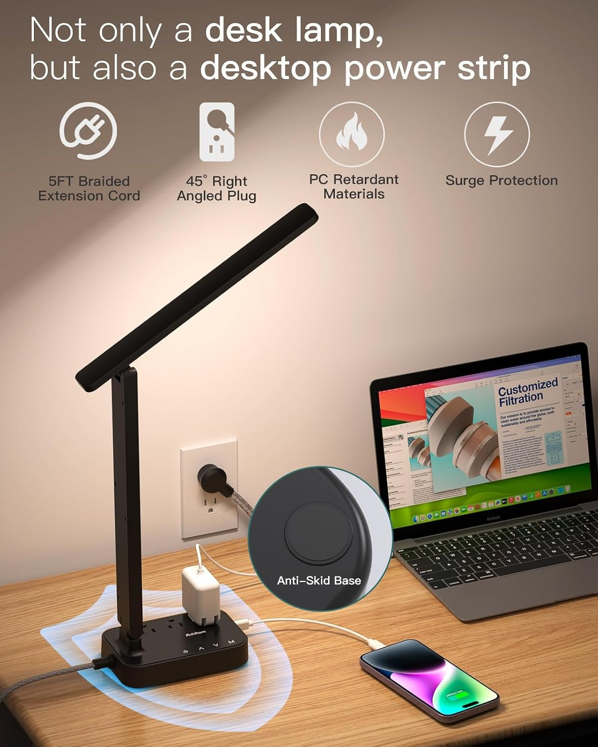 LED Desk Lamp with Power Strip – 3 Outlets, 4 USB Ports, 4 Modes, Touch Dimming
