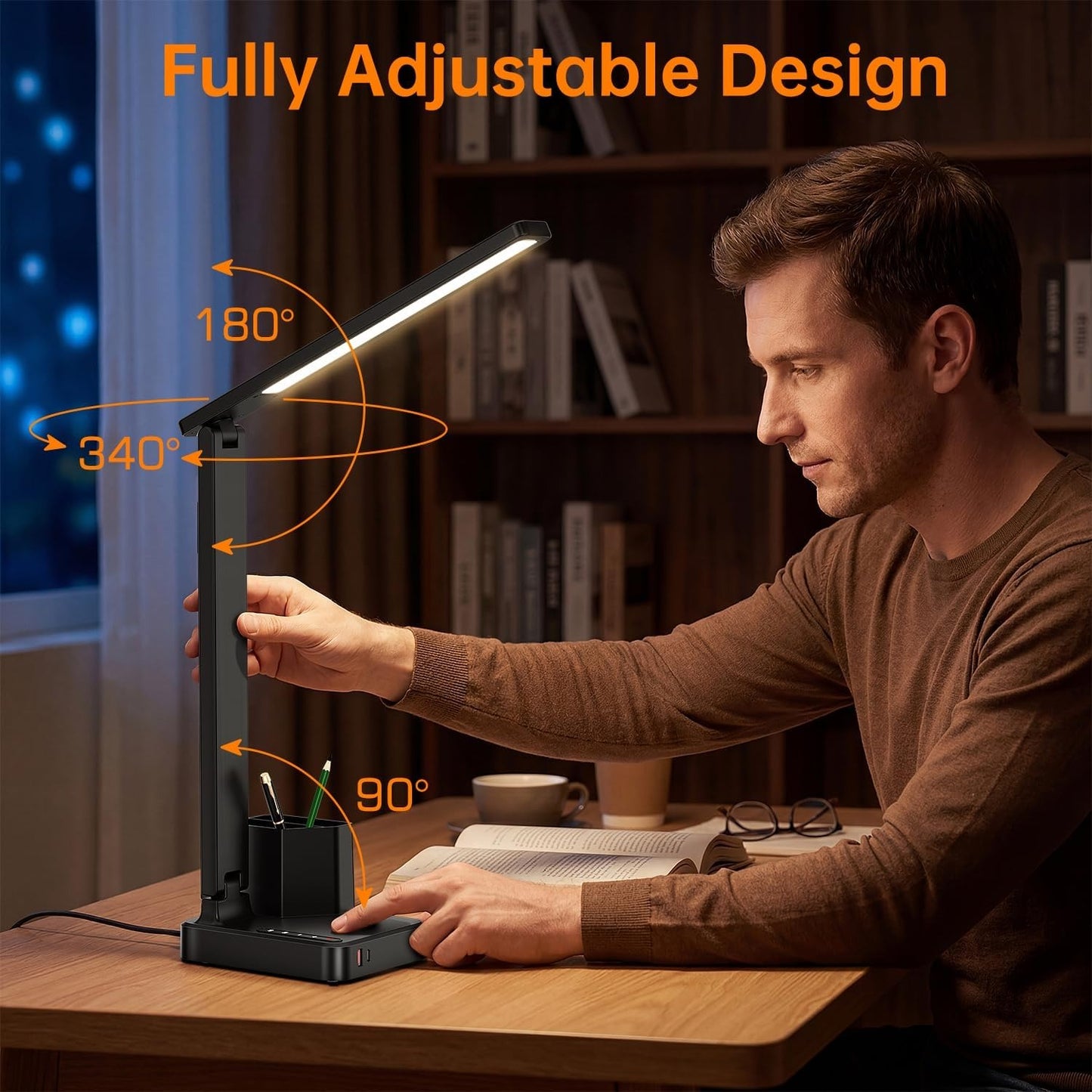 LED Desk Lamp with USB A/C, AC Outlet & Pen Holder – Adjustable, Compact Light for Dorm & Office