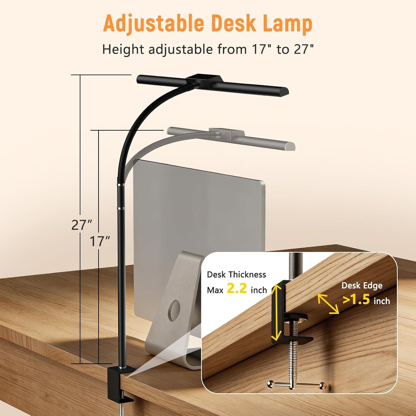 LED Gooseneck Desk Lamp with Clamp – 5 Color Modes, Stepless Dimming, Touch Control, Eye-Care