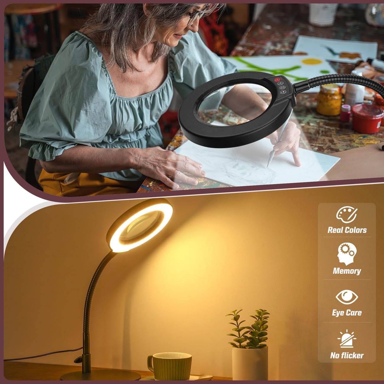 10X Magnifying Glass with Light & Stand – 5 Color Modes, Stepless Dimming, Flexible Gooseneck, Hands-Free