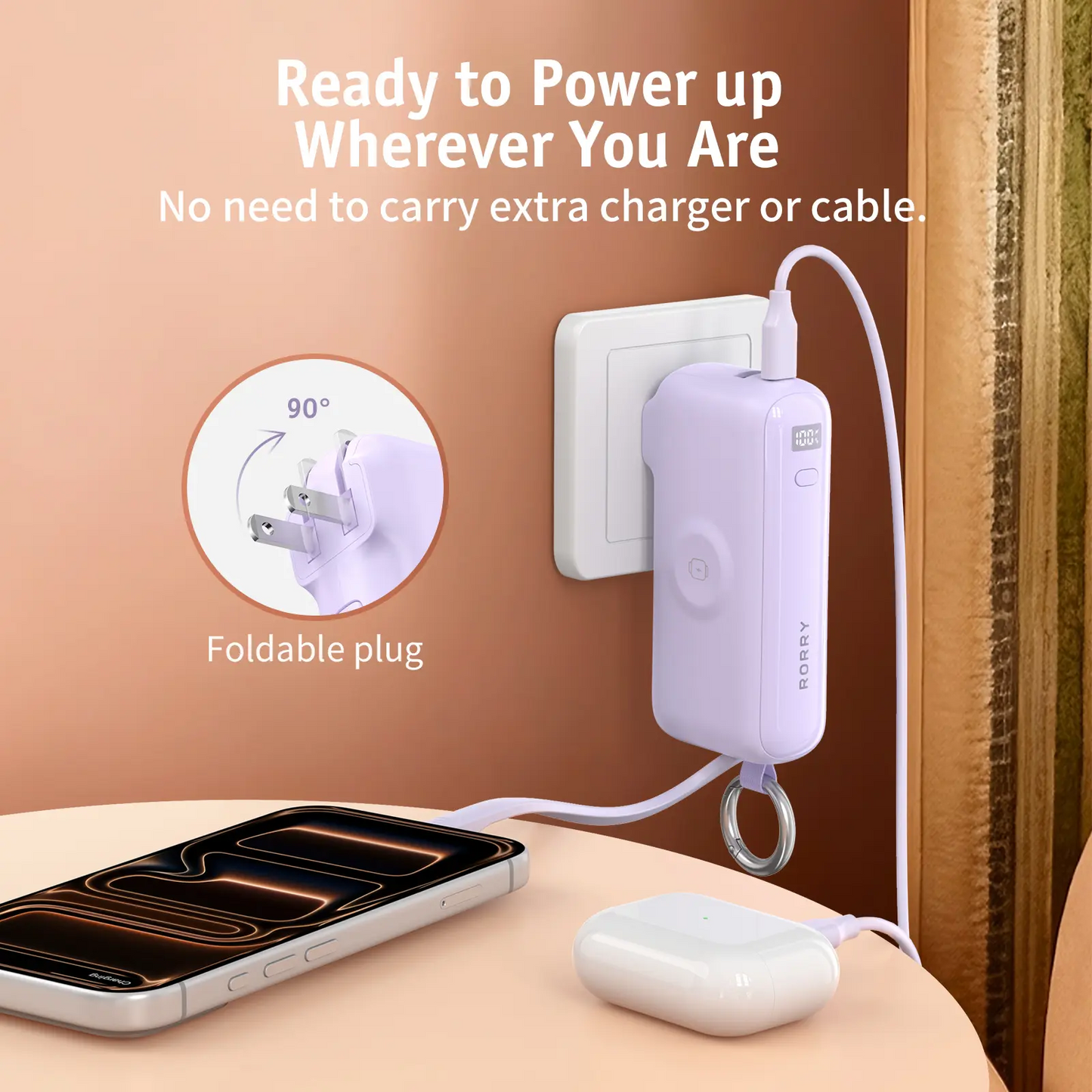 RORRY Flow 3-in-1 Portable Charger 10,000mAh | 40W Fast Charging Power Bank with Built-in USB-C Cable for iPhone 17/16/15, Apple Watch & iPad