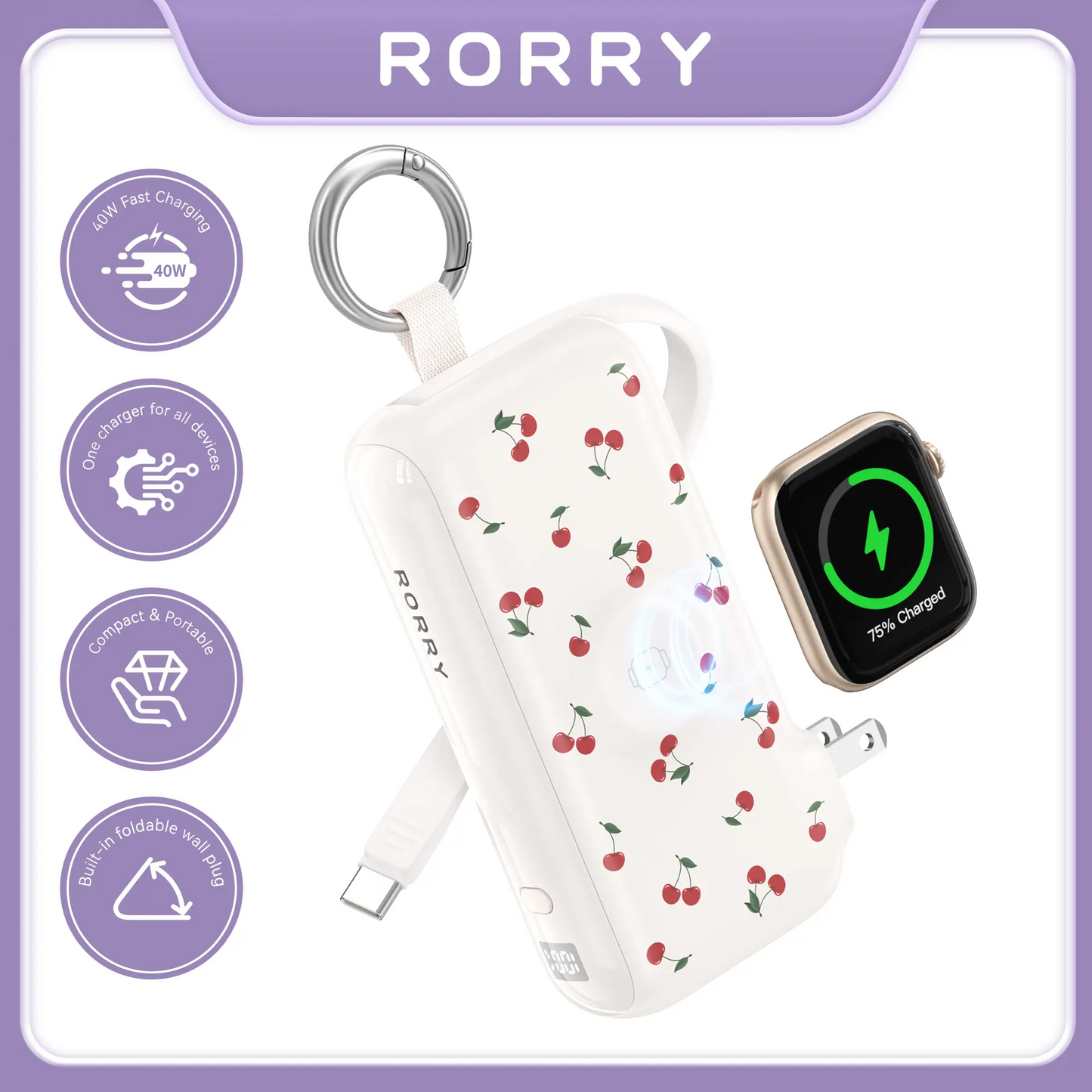RORRY Flow 3-in-1 Portable Charger 10,000mAh | 40W Fast Charging Power Bank with Built-in USB-C Cable for iPhone 17/16/15, Apple Watch & iPad