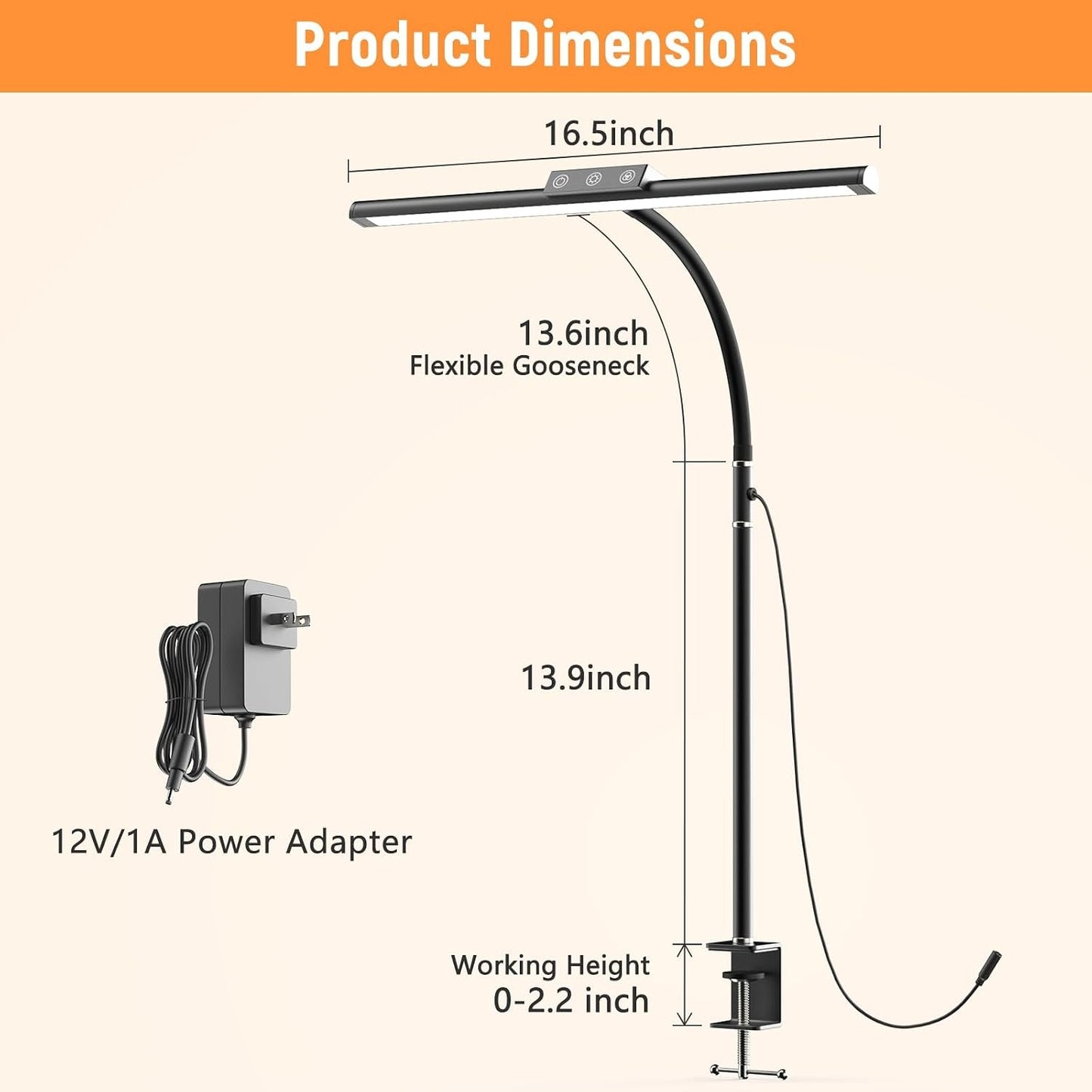 LED Gooseneck Desk Lamp with Clamp – 5 Color Modes, Stepless Dimming, Touch Control, Eye-Care