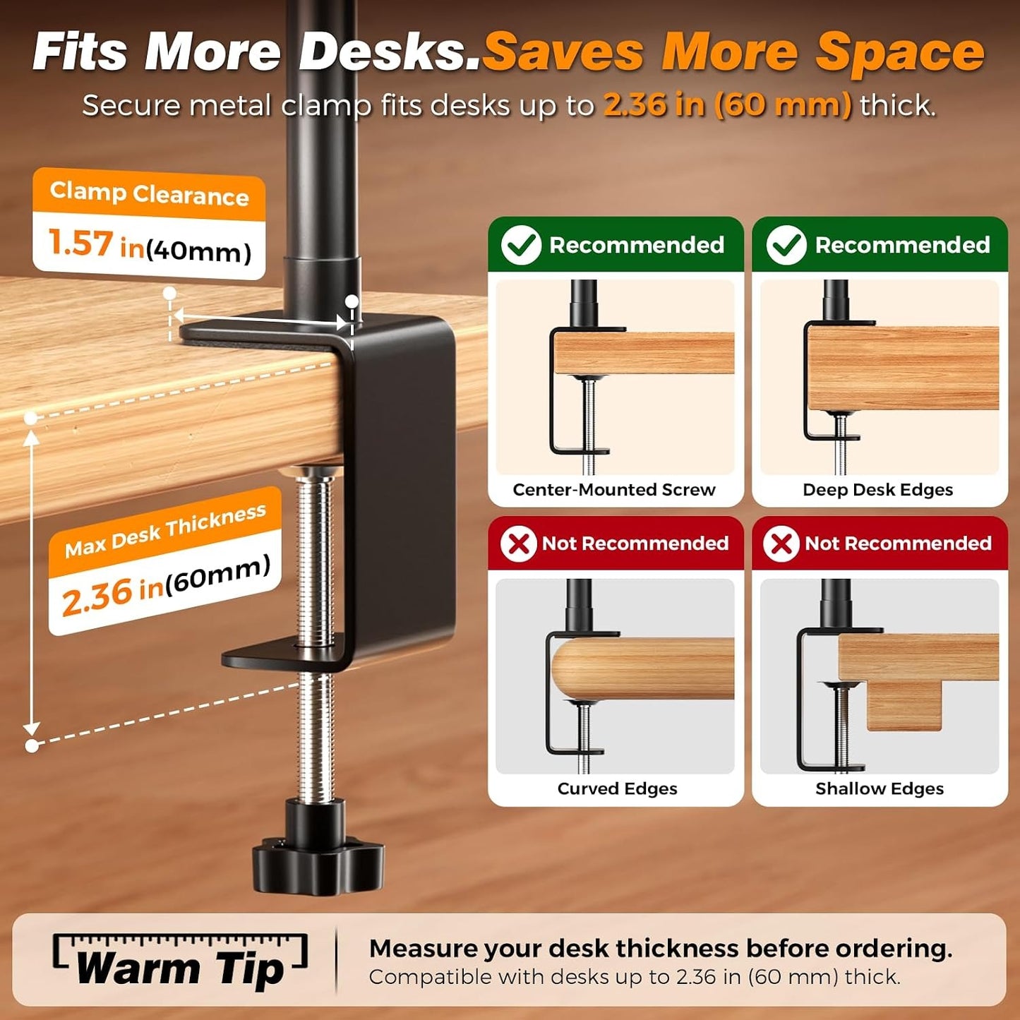 LED Desk Lamp with Clamp – 17" Dimmable, 2700K-6500K, 360° Gooseneck, Flicker-Free