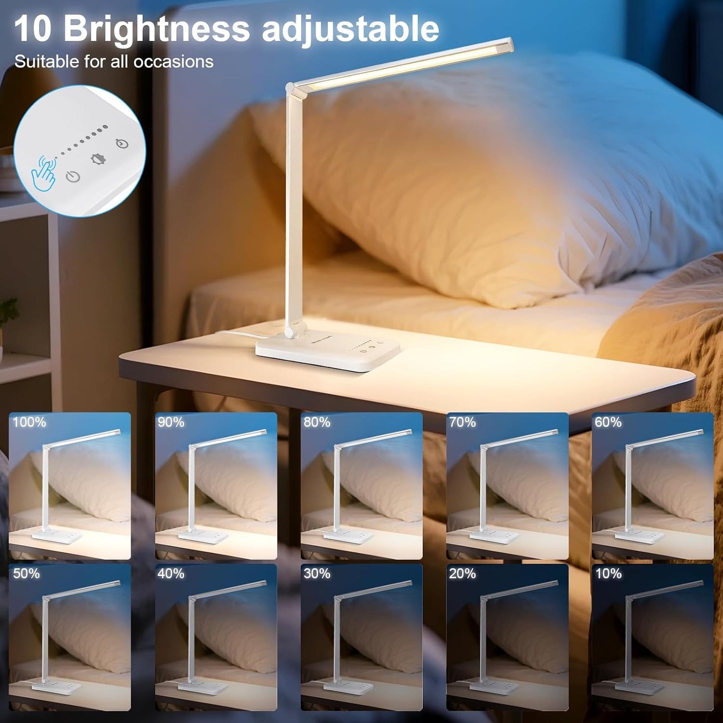 White Crown LED Desk Lamp – Dimmable, USB Charging, 5 Modes, 30/60 Min Timer, Touch Control