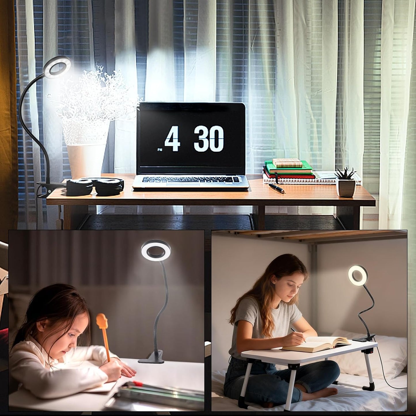 Woputne Clip-On Desk Lamp – 10 Brightness Levels, 3 Modes, Clamp Bedside Light for Reading & Study
