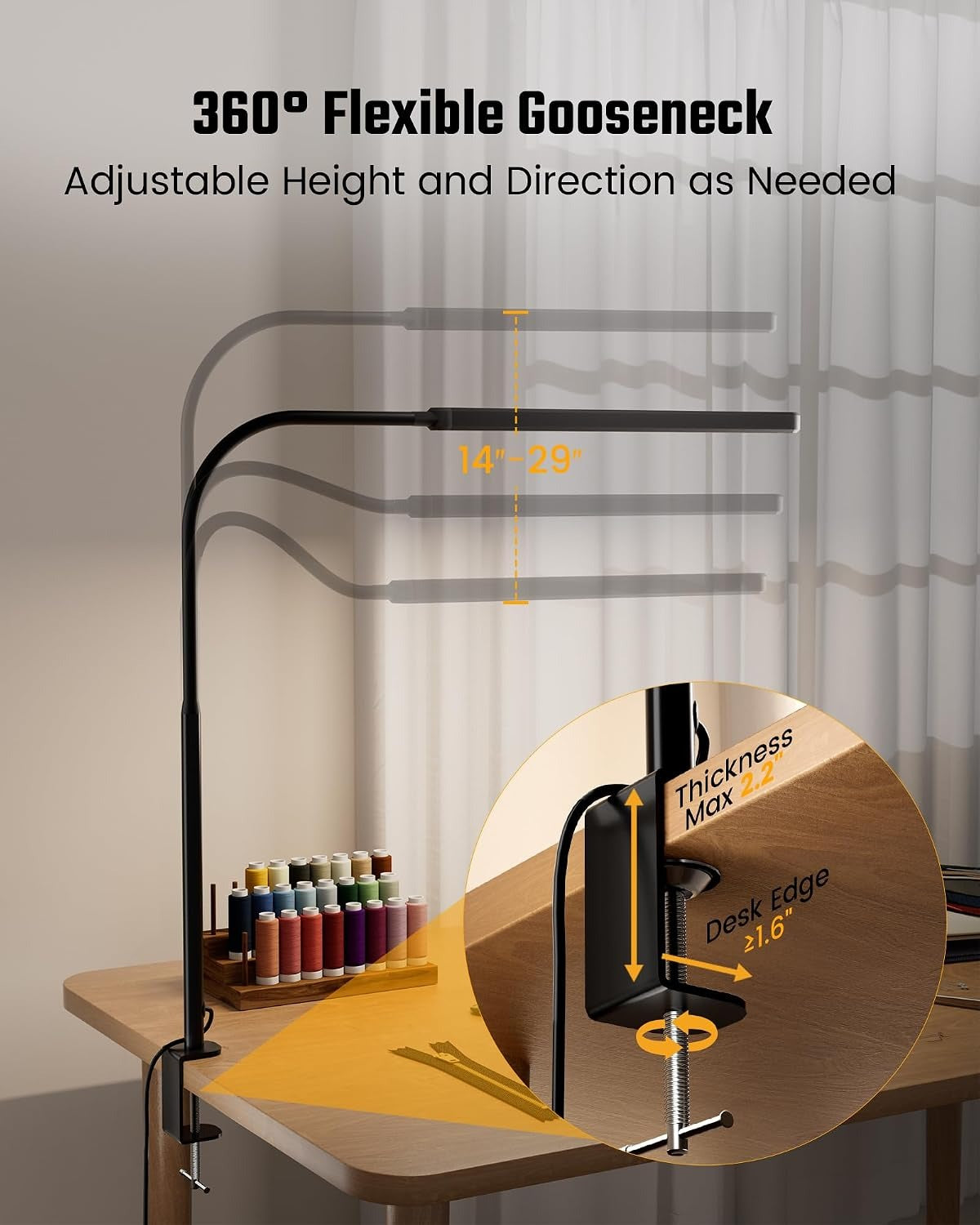 SUPERDANNY LED Desk Lamp – 360° Gooseneck, Clamp, 3 Color Modes, Smooth Dimming, Touch Control