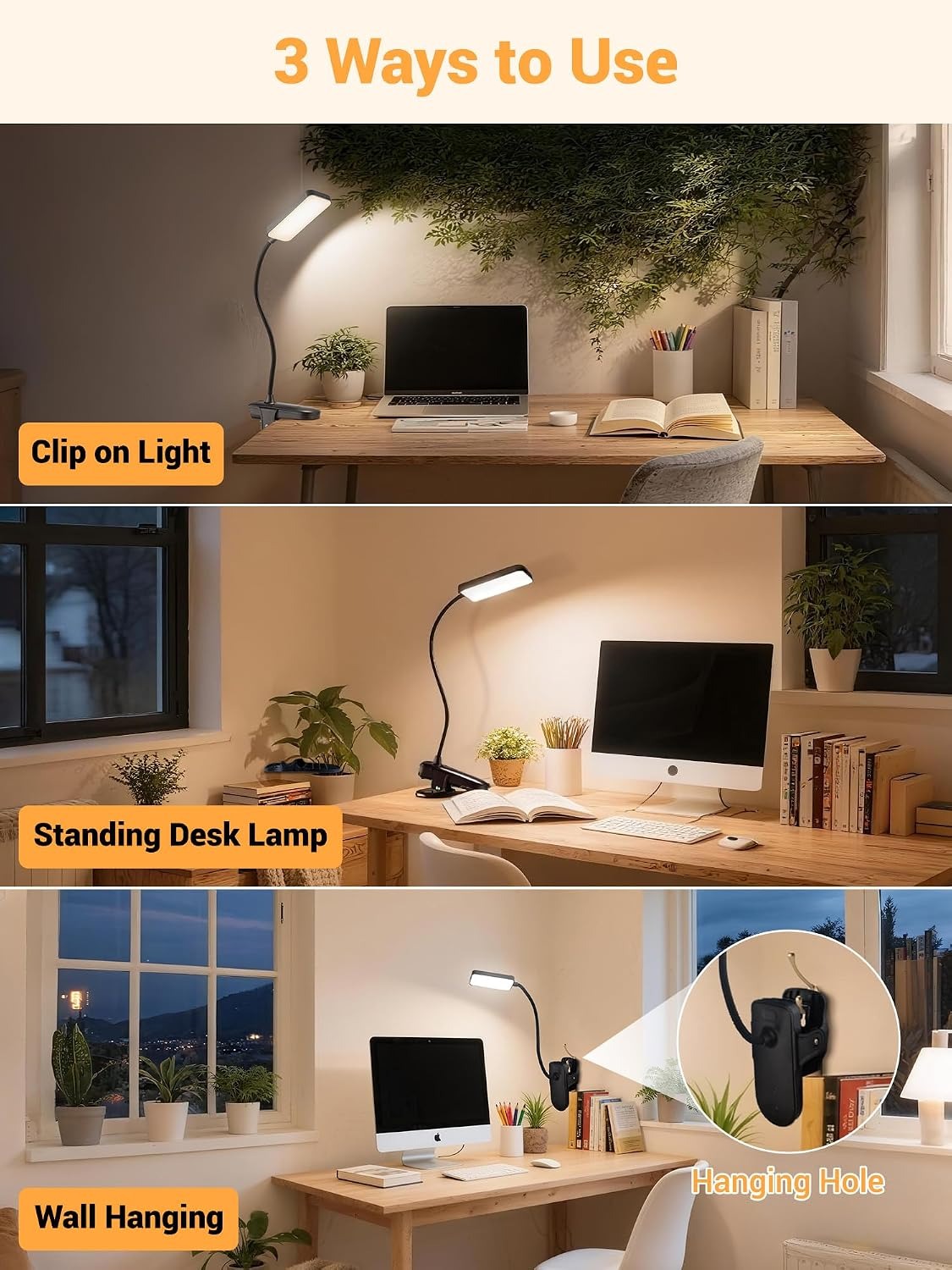 Clip-On Rechargeable Desk Lamp – 4000mAh, 48 LEDs, 9 Brightness, 5 Colors, 450 Lumens, Cordless