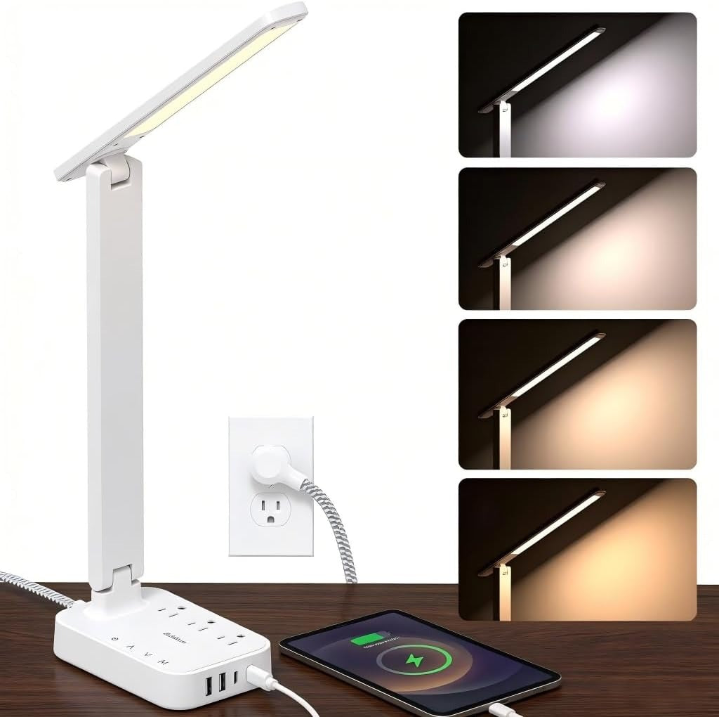 LED Desk Lamp with Power Strip – 3 Outlets, 4 USB Ports, 4 Modes, Touch Dimming