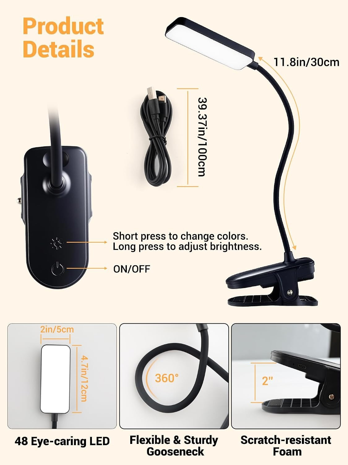 Clip-On Rechargeable Desk Lamp – 4000mAh, 48 LEDs, 9 Brightness, 5 Colors, 450 Lumens, Cordless