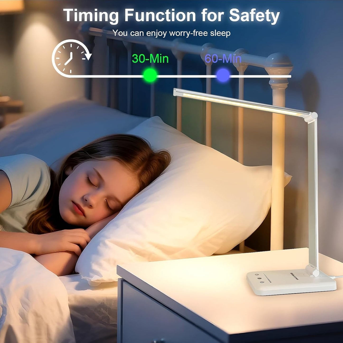 White Crown LED Desk Lamp – Dimmable, USB Charging, 5 Modes, 30/60 Min Timer, Touch Control
