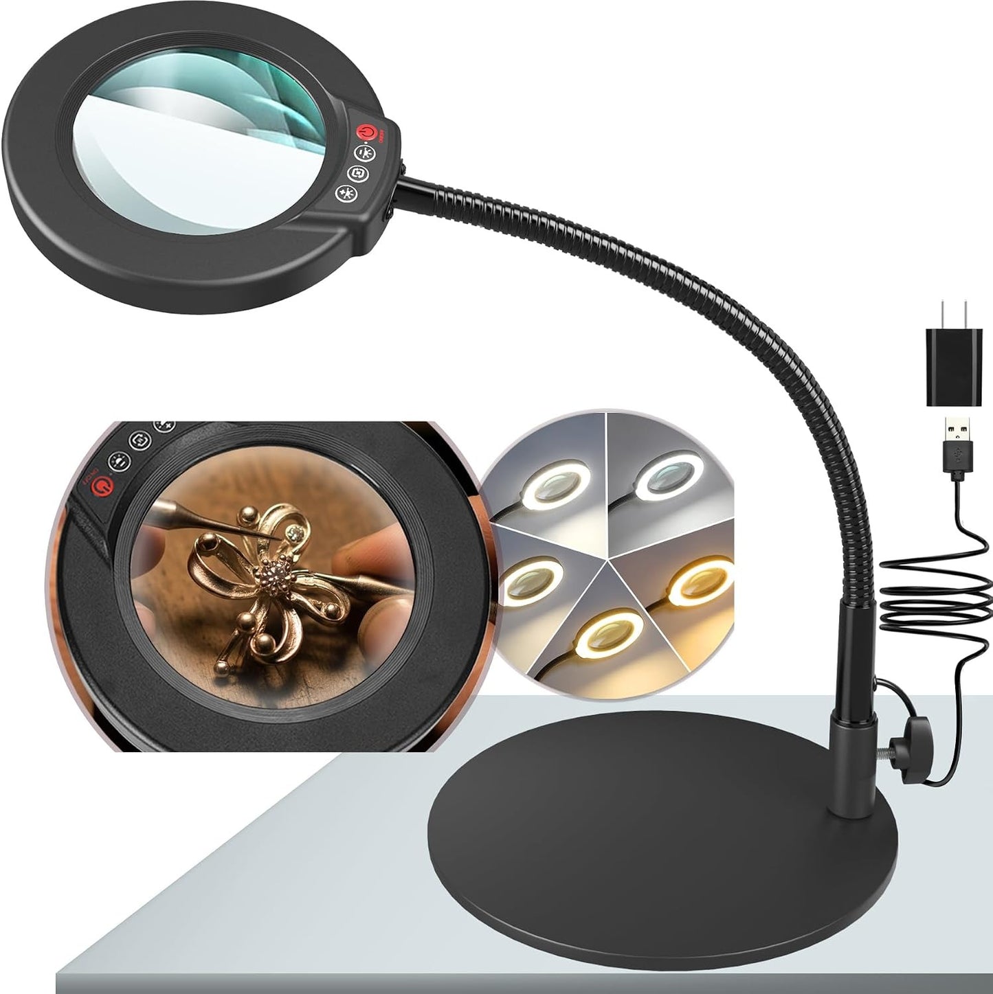 10X Magnifying Glass with Light & Stand – 5 Color Modes, Stepless Dimming, Flexible Gooseneck, Hands-Free