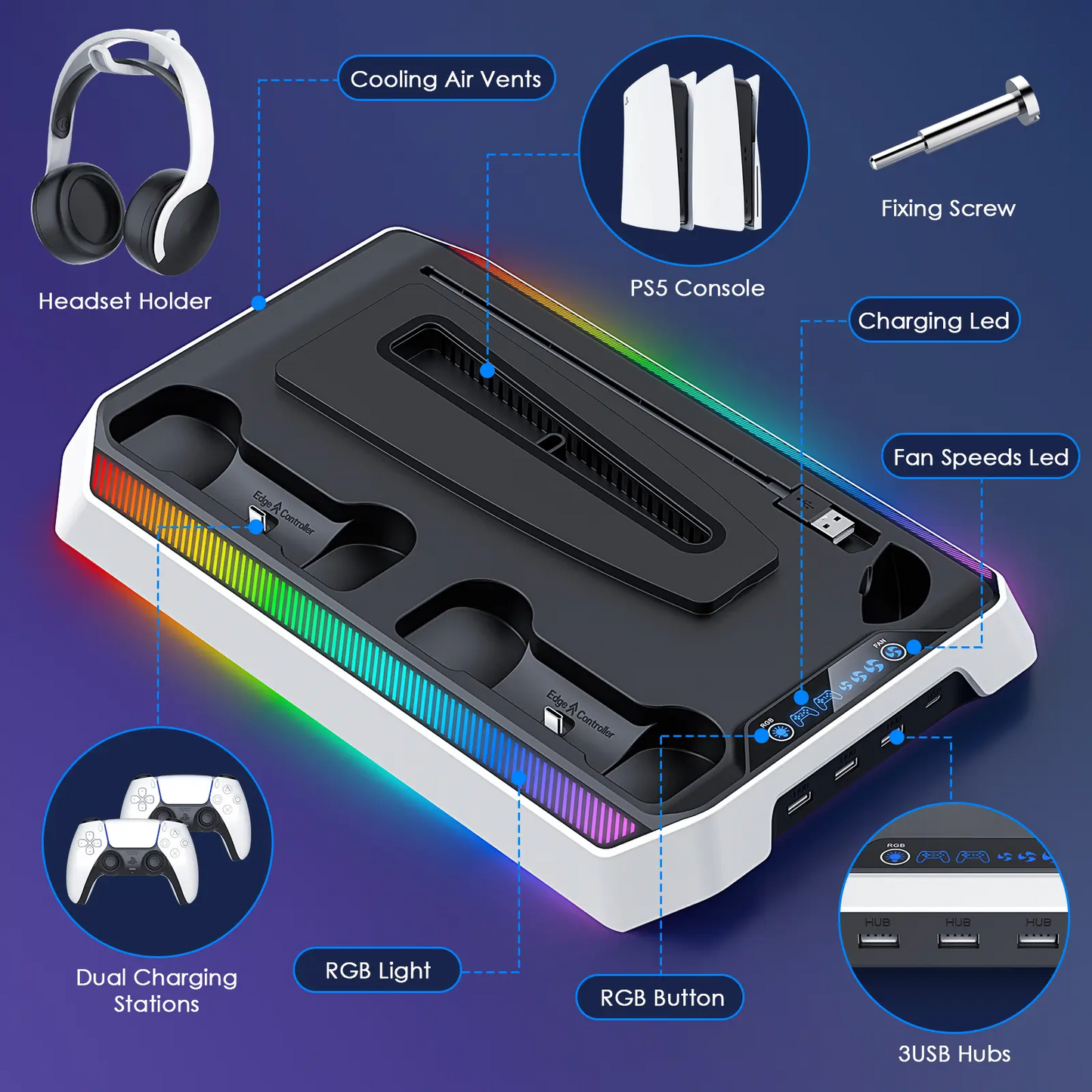 PS5 Cooling Station & Charging Dock | RGB Lights, Dual Controller Charger, USB Hub — Fits PS5 / Slim / Pro